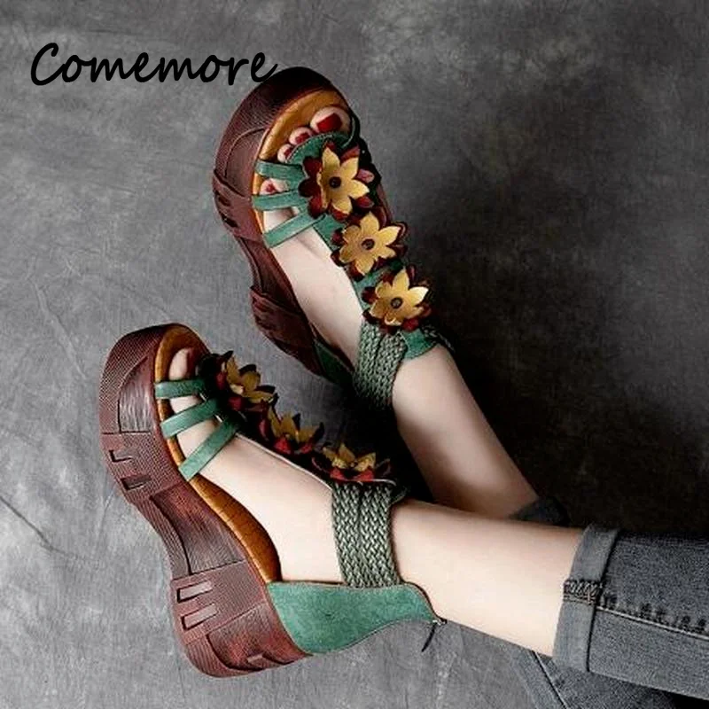 Comemore Retro 2023 New Genuine PU Leather Summer Platform Wedges Shoes Sandal Women Leather Gladiator Women High-heeled Sandals