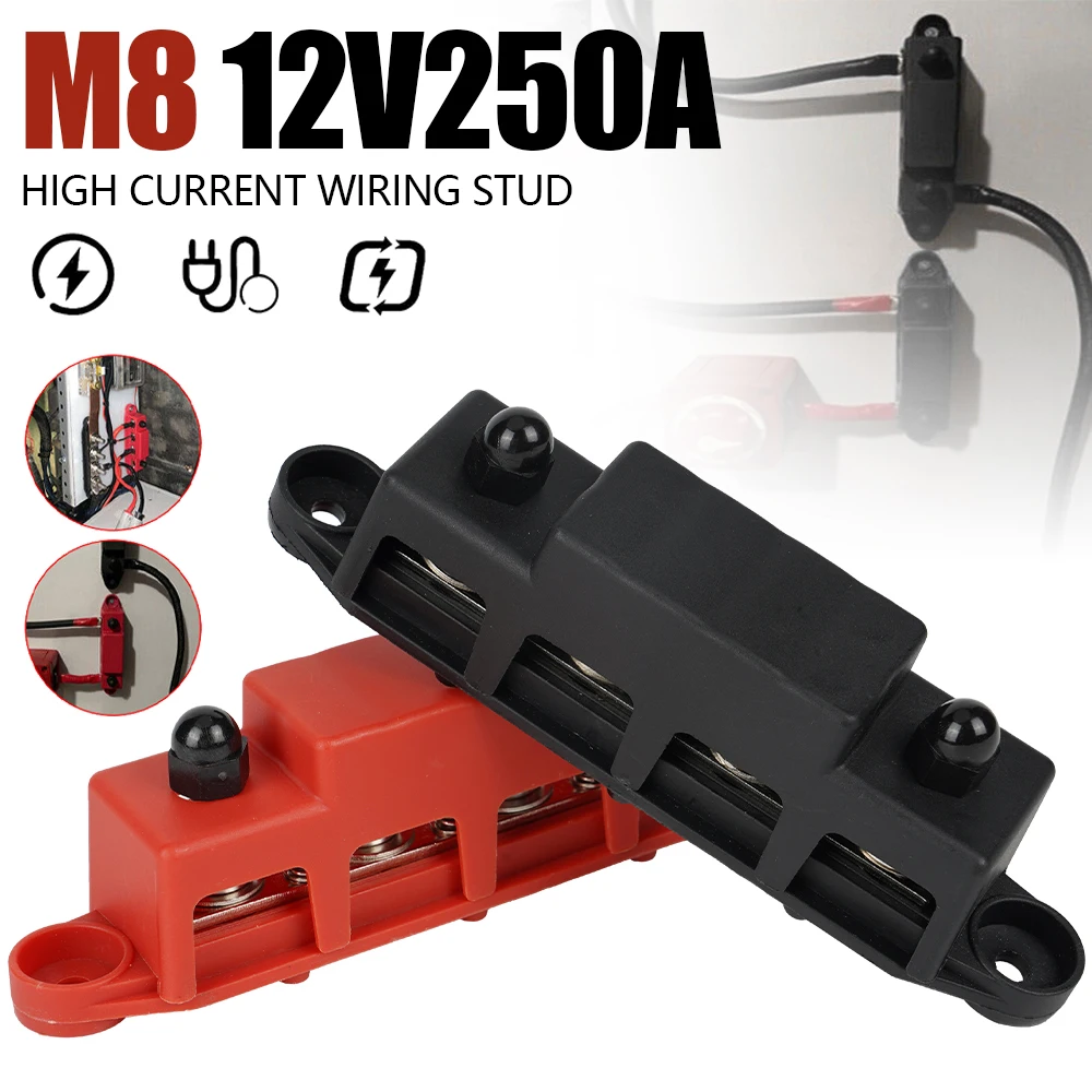 Universelles 250A-Stromverteilerblock-Set, 2 Stück, mit M8-Anschlussbolzen, 4-Bolzen-Design, 12V bis 48V, für Elektrozubehör in Autos und Booten.
