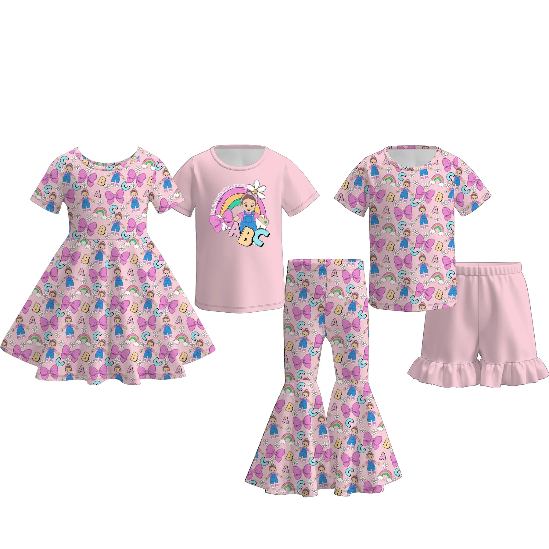 Summer Kids Back To School Outfits Cartoon ABC Twirl Dress Girls Matching Clothing Sister Sets Princess Girls Dress