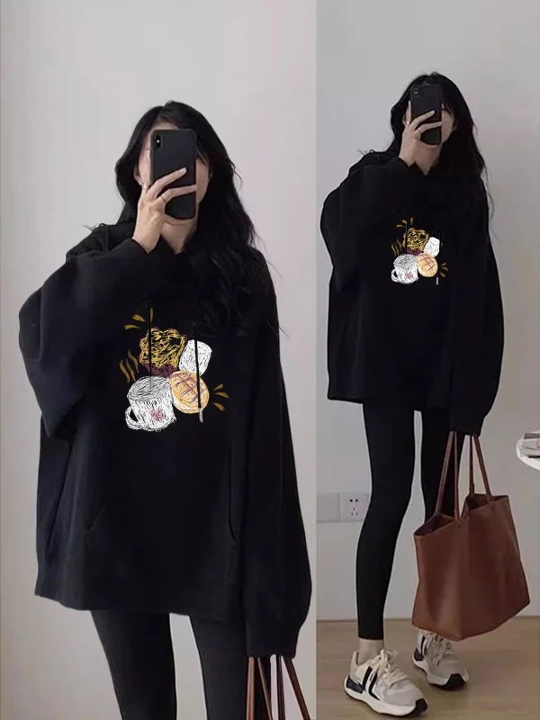 

Уникальная женская толстовка оверсайз в уличном стиле с флисовой подкладкой, черная, большого размера, удобная, повседневная, с принтом, из хлопка и полиэстера