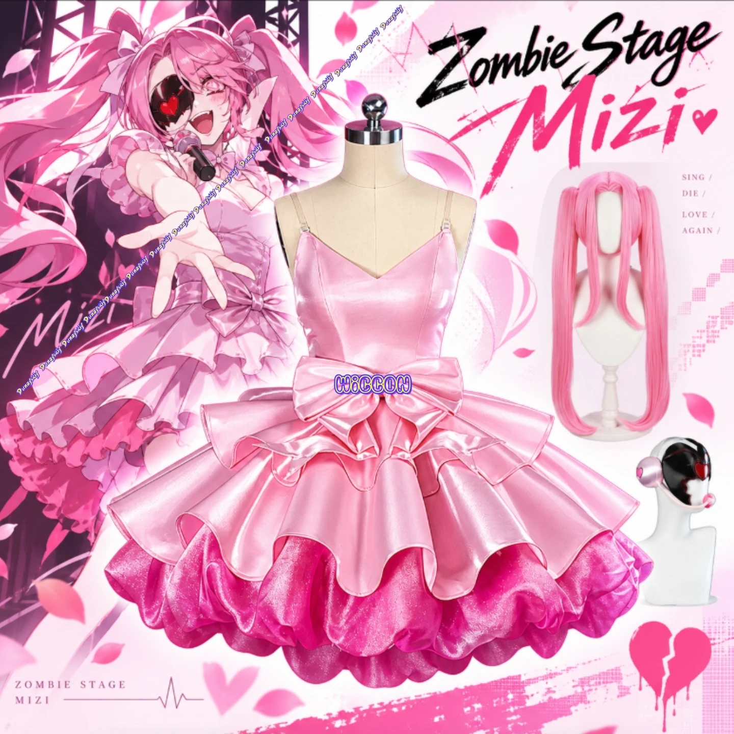 Costume de cosplay Alien Stage Zombie Stage Mizi, robe avec perruque, masque et accessoires pour la tête, idéal pour Halloween, les soirées costumées, les spectacles et les jeux de rôle.