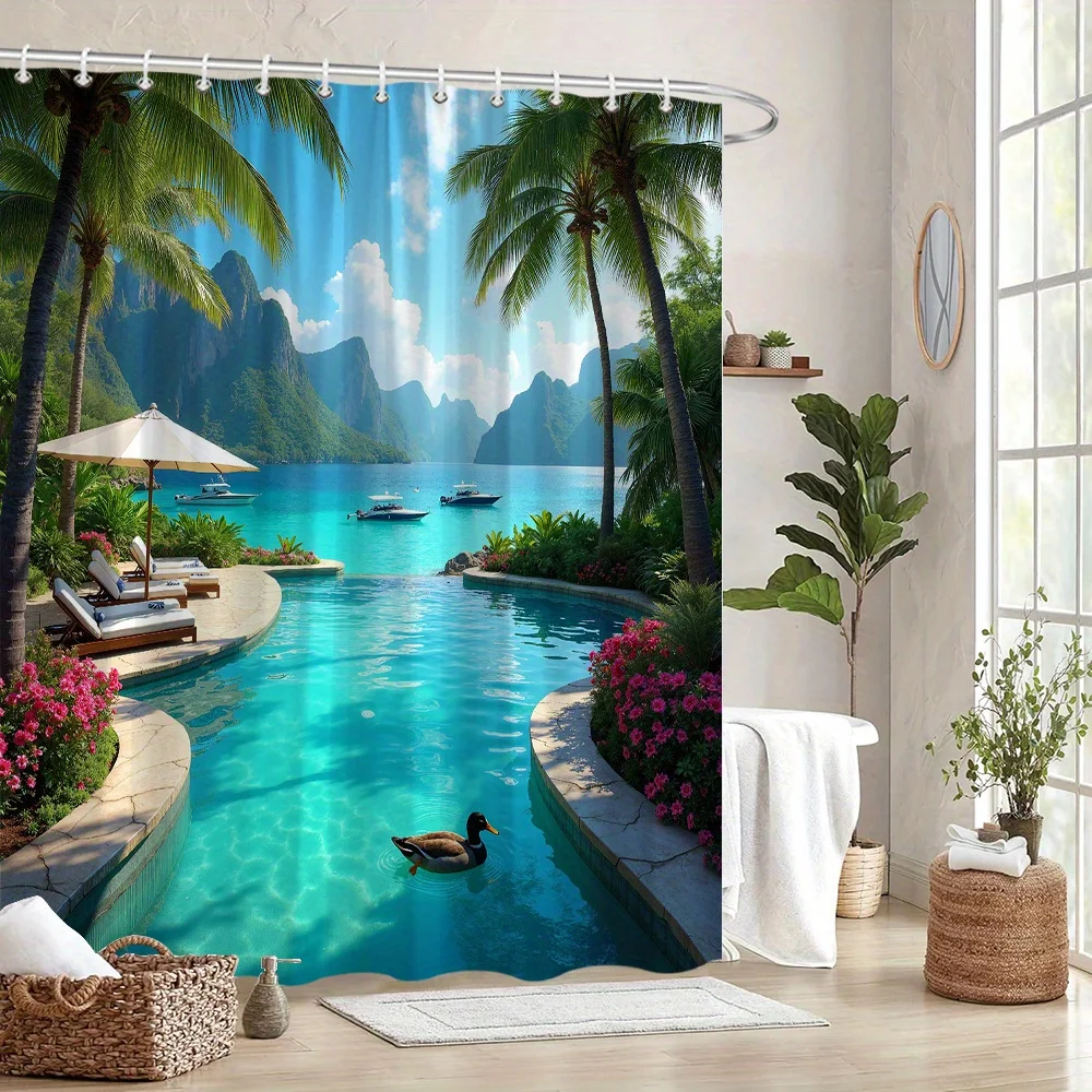 Rideau de douche Tropical Paradise Lagoon - Eau bleu clair, palmiers, Hibiscus, montagnes majestueuses, thème plage Tranquil