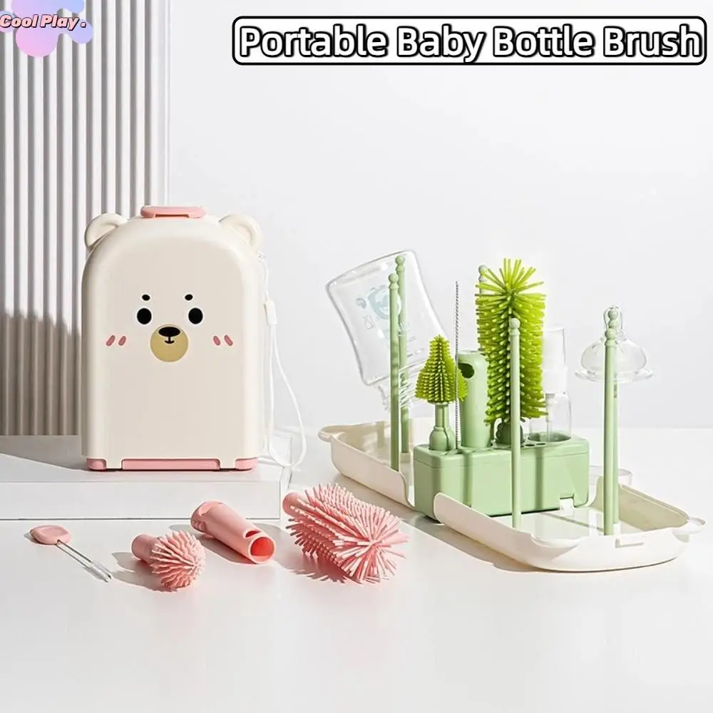 

6-in-1 Baby Bottle Brush Set Space Saving Built-in Drain Rack Bottle Cleaner Brush Portable Drying Rack