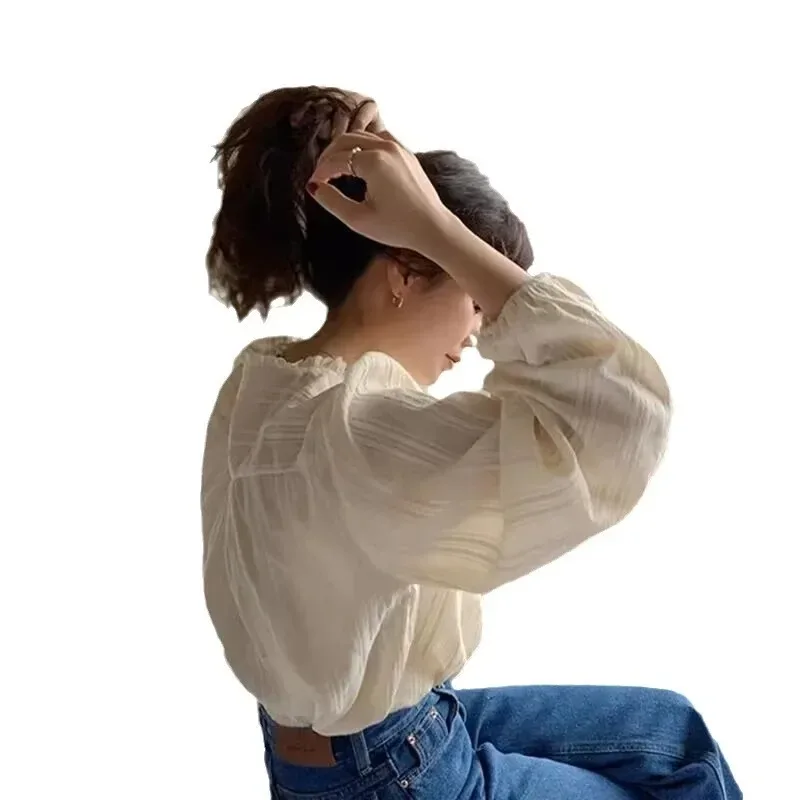 Com babados e bordado em torno do pescoço blusa feminina chique estilo coreano primavera temporada redução de idade vintage doce menina camisa