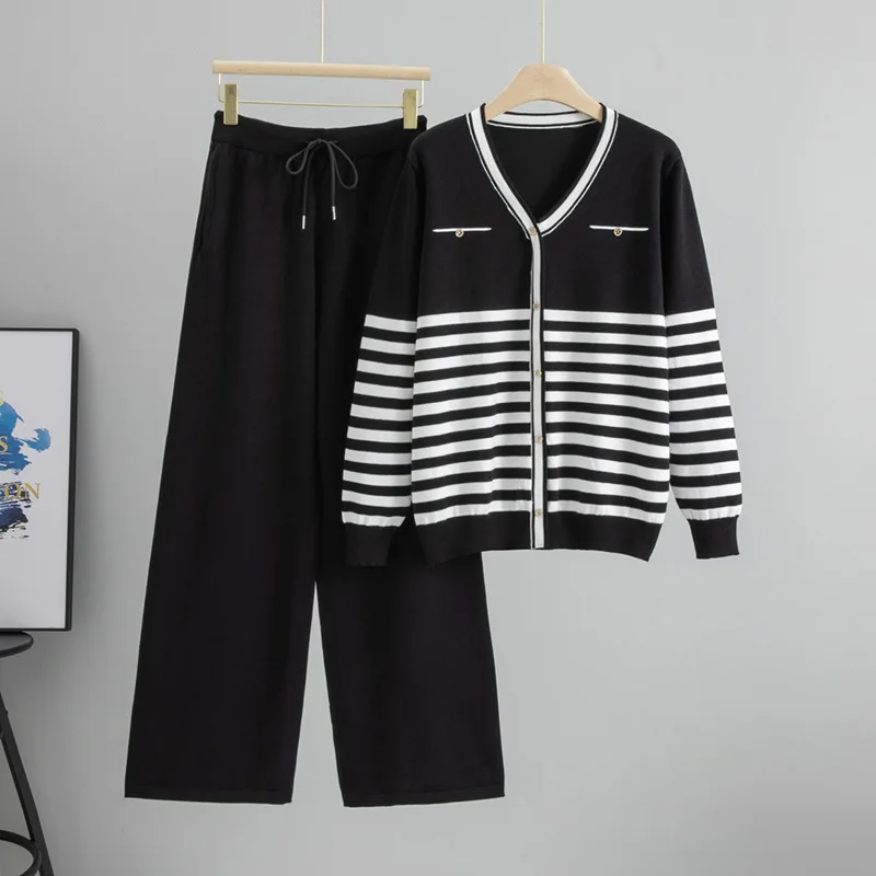 Primavera outono de malha 2 peça define feminino com decote em v listrado causal cardigan topo coreano solto cintura alta calças retas outfit novo b668