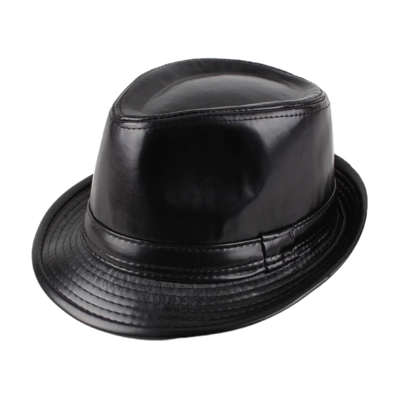 Gentleman Men Faux-leather Hat for Winter Autumn Elegant Adult Trilby Homburg Church Jazz Hat Windproof Adjustable