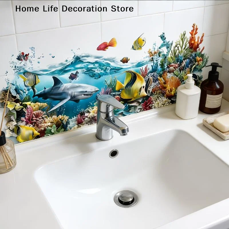 【H】Ocean Fish Sink Area Background Wall Sticker Bathroom Wall Decoration Self-Adhesive Removable Waterproof Creative Sticker