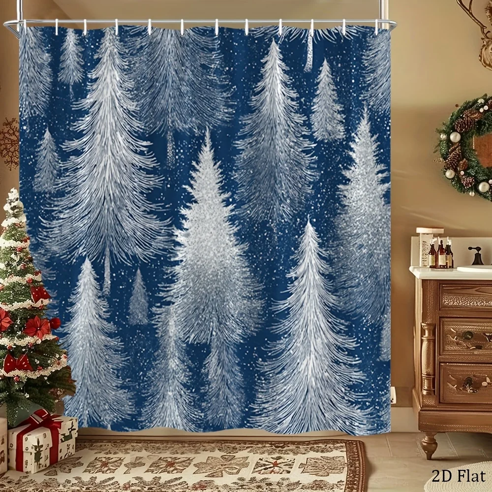 1pc Winter Cedar Forest Shower Curtain - Large 70.8X70.8 Inch Gray-Blue-White Snowflake Bathroom Decor with 12 Hooks, Machine