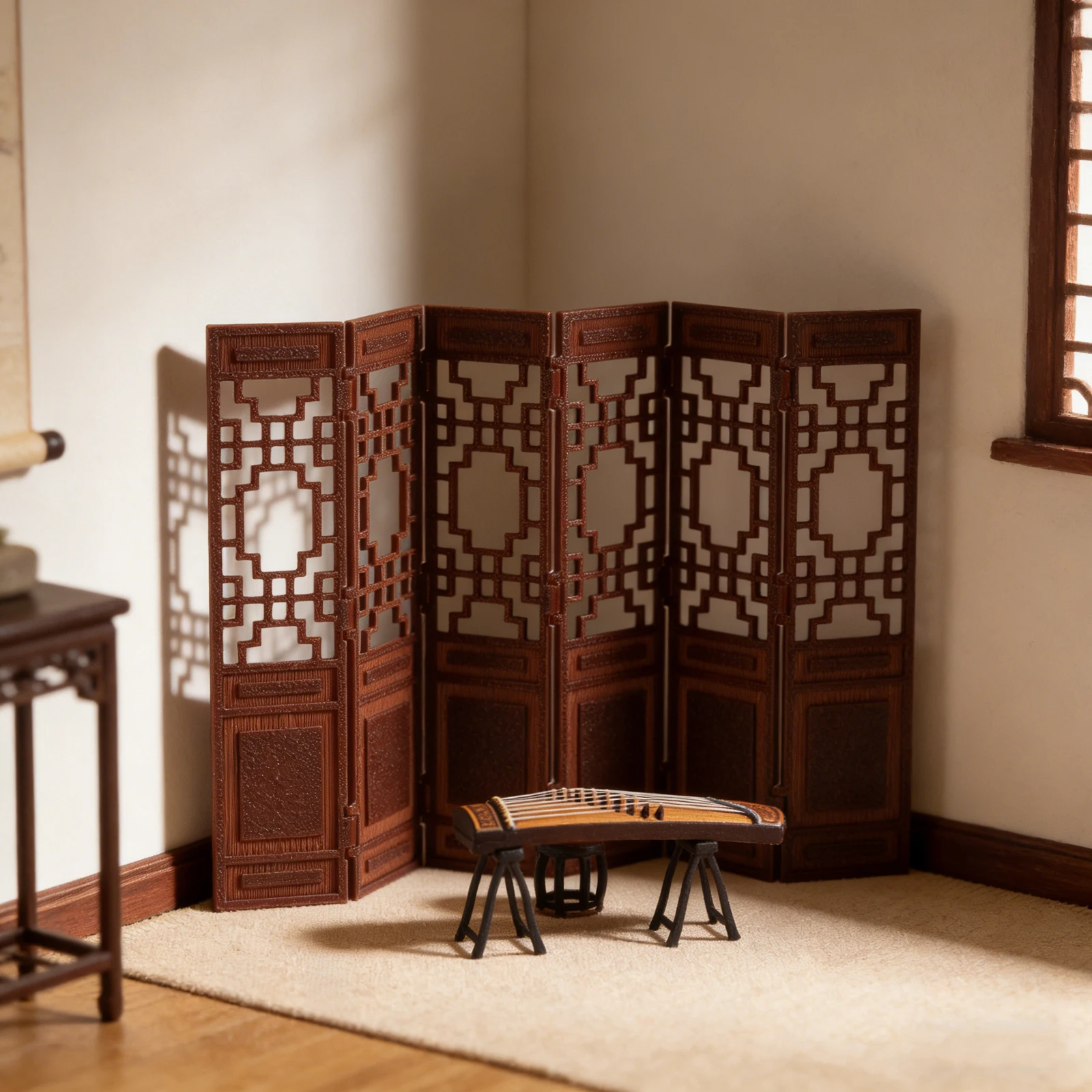 미니 중국식 접이식 스크린 브라운 1:20 스케일 미니어처 빈티지 데스크탑 장식용 룸 디바이더 스크린 패널 인형집 가구