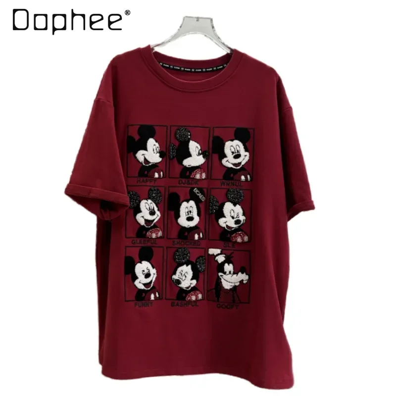 

European Goods Heavy Industry Embroidery Cartoon Beads Thickened Short-sleeved T-shirt Women Mid Length Bottoming Shirt Top