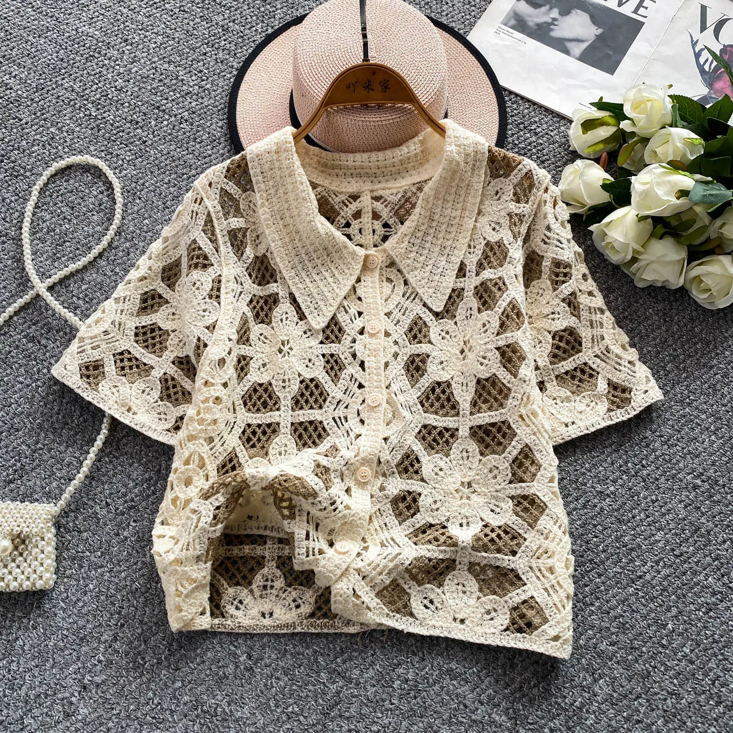 Button Up Crochet Top Short Sl - Crochet Top Boho 评论和价格