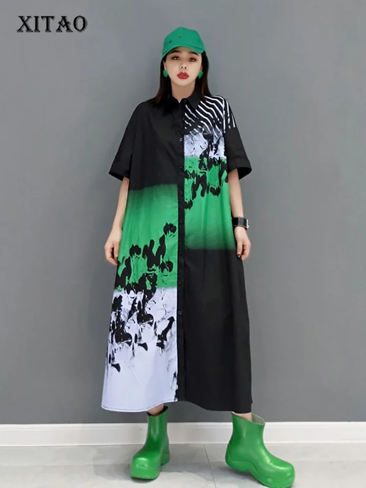 

XITAO Casual Print Shirt Dress Asymmetrical Contrast Color Splicing Simplicity Turn-down Collar Women New 2024 Summer WMD4675