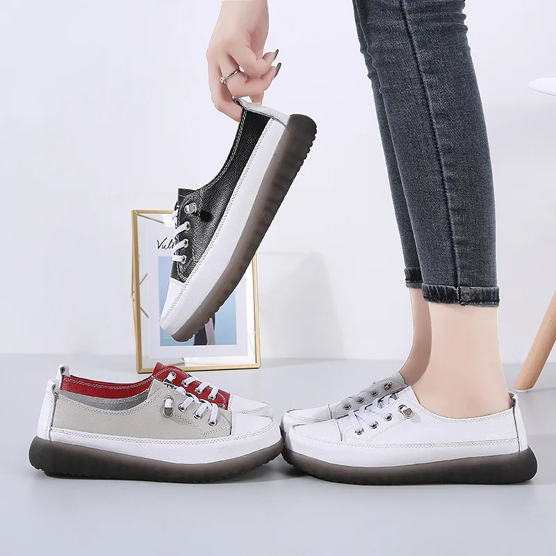 Summer Autumn Genuine Leather Vulcanized Shoes Women Jogging Sneakers Woman Lace Up Flat Walking Trainers Fitness Cross-training