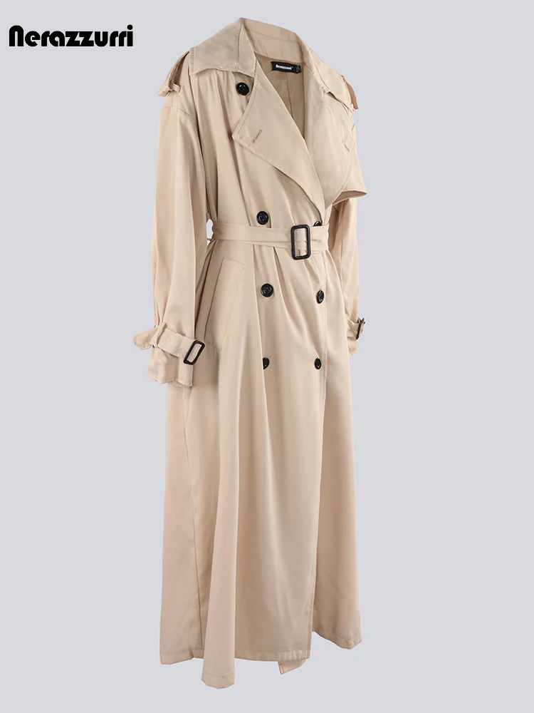 Nerazzurri Autumn Extra Long Oversized Khaki Flowy Soft Trench Coat for Women Back Slit Double Breasted Loose Casual Overcoat