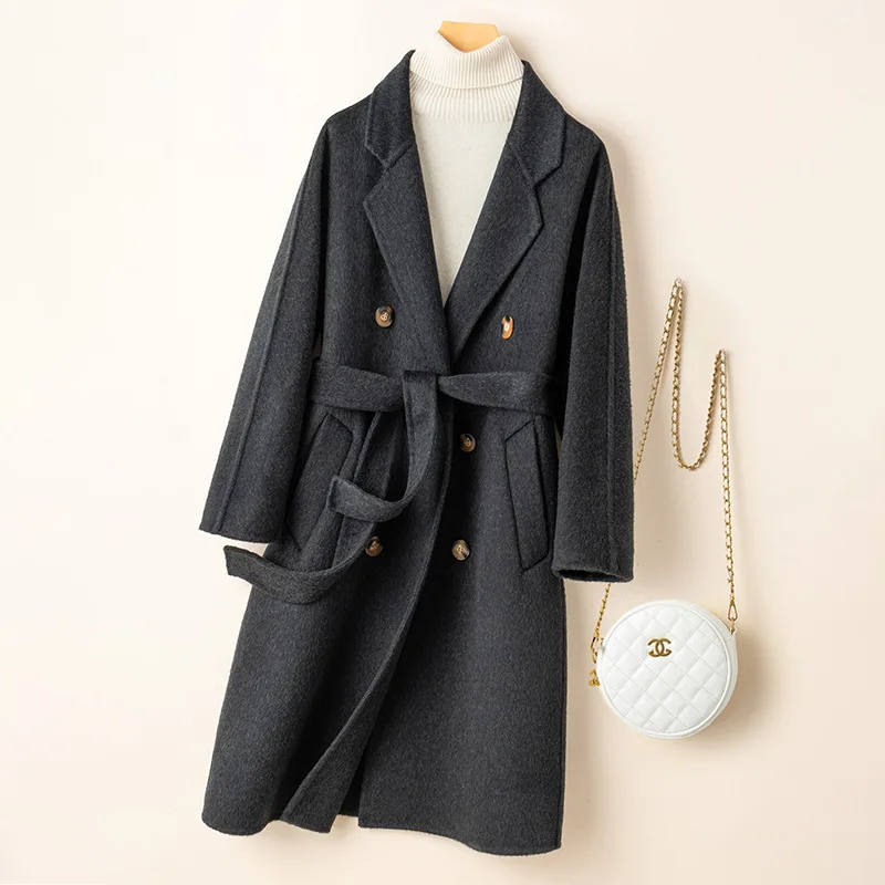 High Quality Double Sided 100% Wool Coat Women Long Double Breasted Elegant Loose Cashmere Winter Jacket