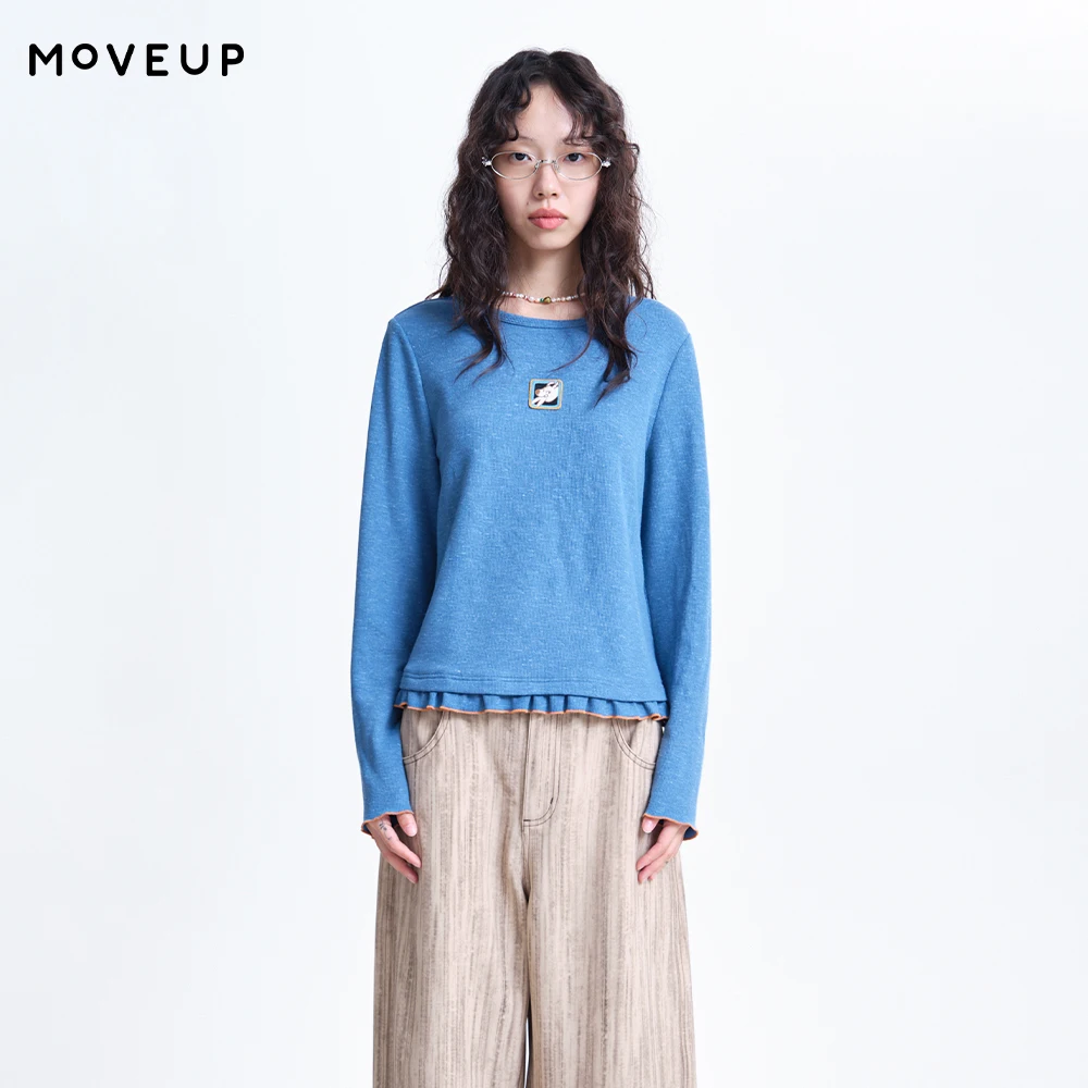 

MOVEUP Round Neck Long Sleeve Women's T-Shirt 2026 Spring New Cartoon Puppy Embroidery Color Block Ruffle Trim Tops 3ELC10517