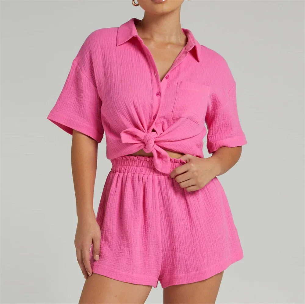 Women's Set Spring Summer Fashion Shorts Solid Color Shirt Casual Loose Short Sleeve Single-breasted 2 Piece Sets Womens Outfits