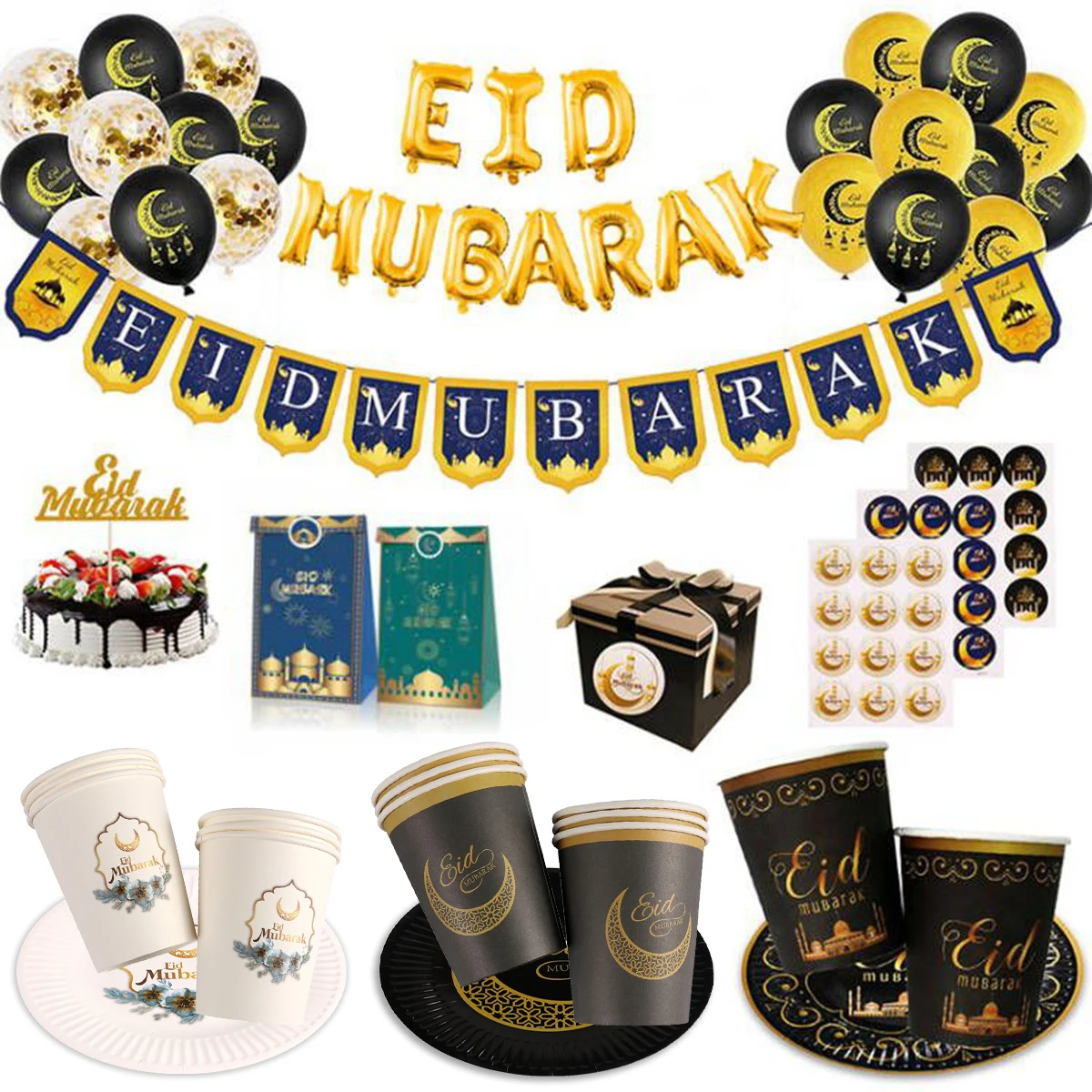 Eid Mubarak Plates Banner Balloon Tableware Ramadan Decoration 2025 Ramadan Kareem Islamic Muslim Party Decor Eid Al Adha Gifts