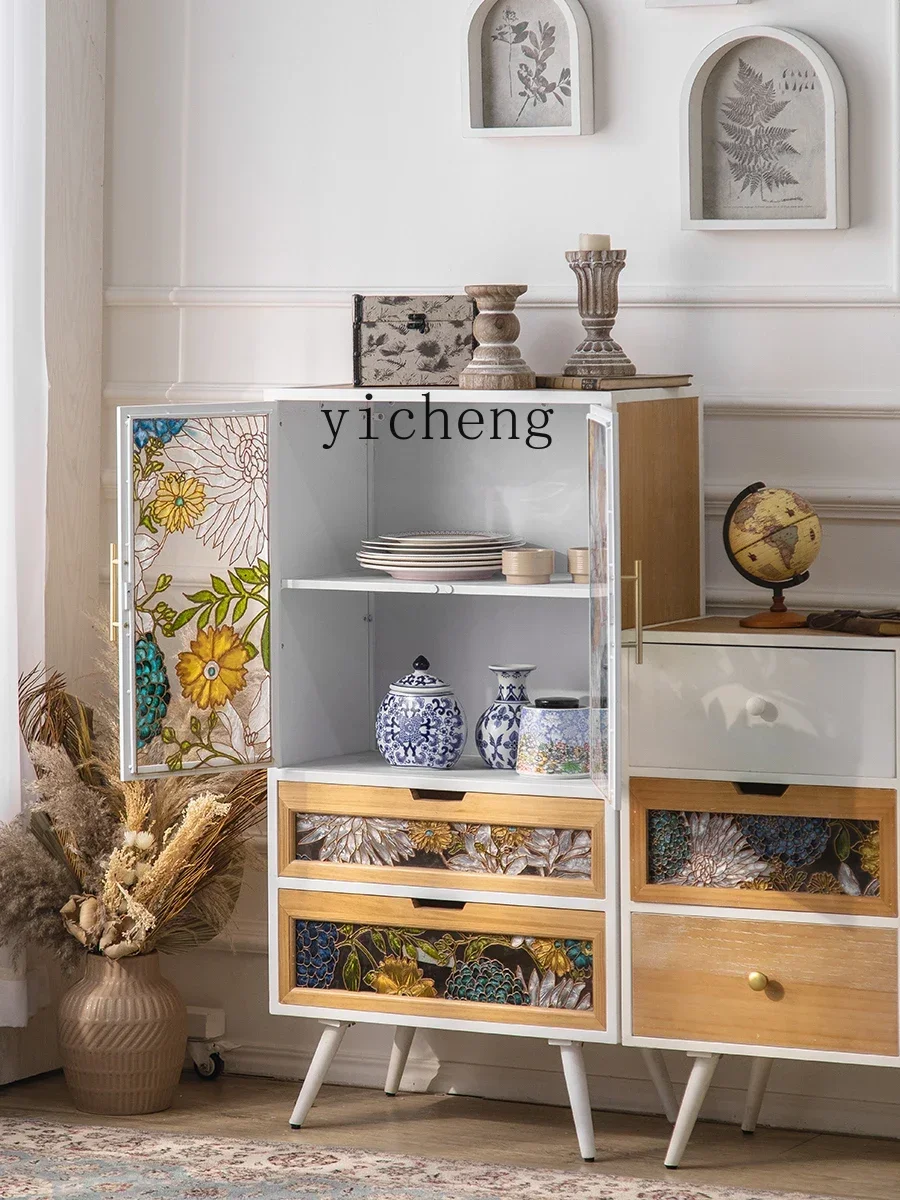 b11- retro enamel colored glass dining side cabinet wrought iron high cabinet living room sofa solid wood side cabinet