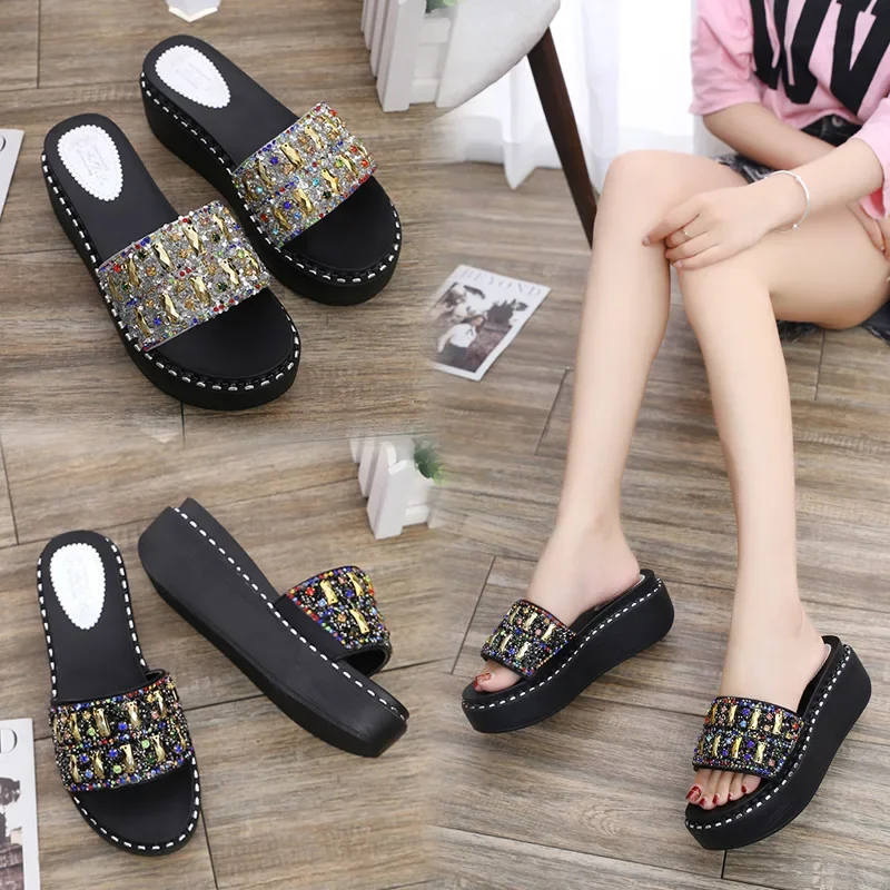 Comemore Slides Women Shoes Wedge Slipper Beach Slides 2024 Platform Shoes Rhinestone Sandals Women Slippers Zapatos De Mujer