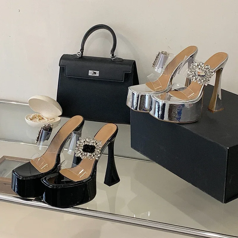 

Aneikeh Sexy Square Toe Rhinestone Buckle Uper High Heel Platform Sandals Slippers Thick Heel Fashion Open Toe Wedding Shoes