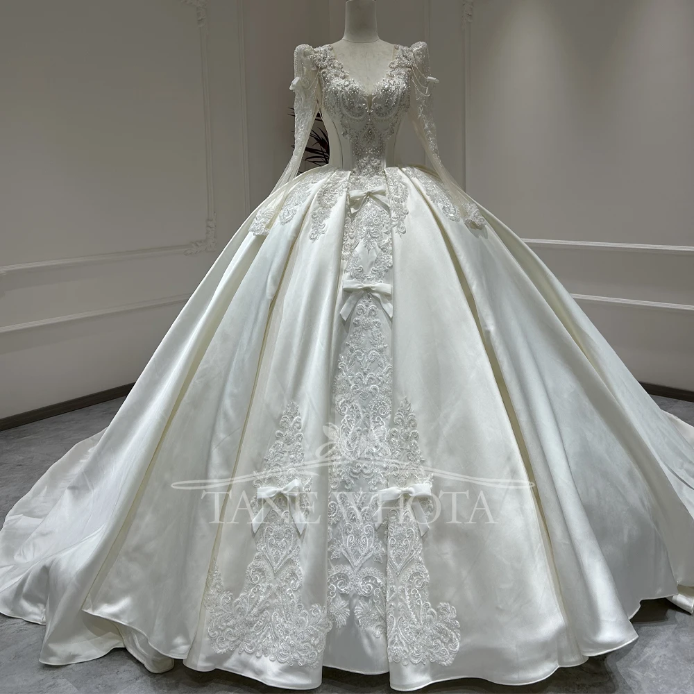 

Abito Da Sposa настраиваемое свадебное платье принцессы с v-образным вырезом и длинными рукавами, бальное платье с вышитым бисером и бантом