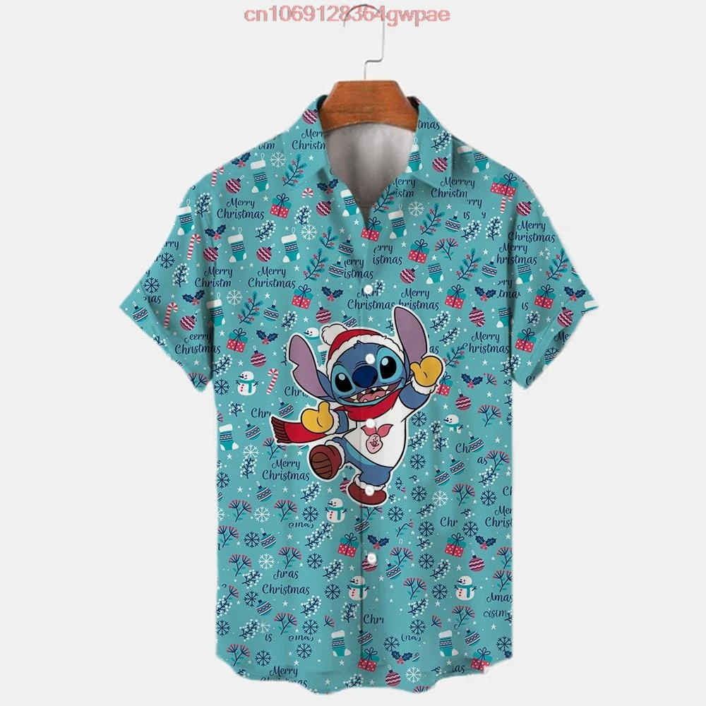 Disney Stitch camisa hawaiana de Navidad para hombres y mujeres, camisa informal de playa, camisa hawaiana de Disney, camisa de manga corta con botones