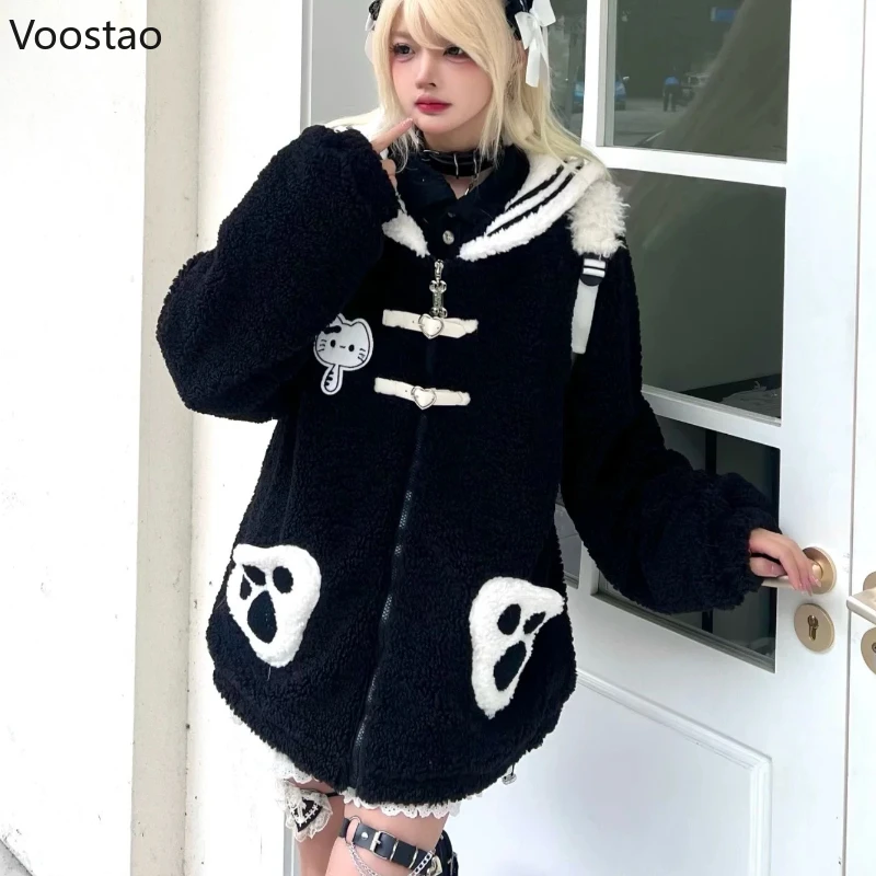 

Y2k Aesthetic Gothic Lamb Wool ​Sailor Collar Jacket Women Casual Loose Kawaii Cartoon Pocket Tops Korean Grunge Zipper ​Coats