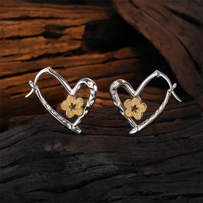 925 Sterling Silver Geometric Heart-shaped Flower Ear Buckle Hoop Earrings for Women Fashion Elegant Design Jewelry Accessories