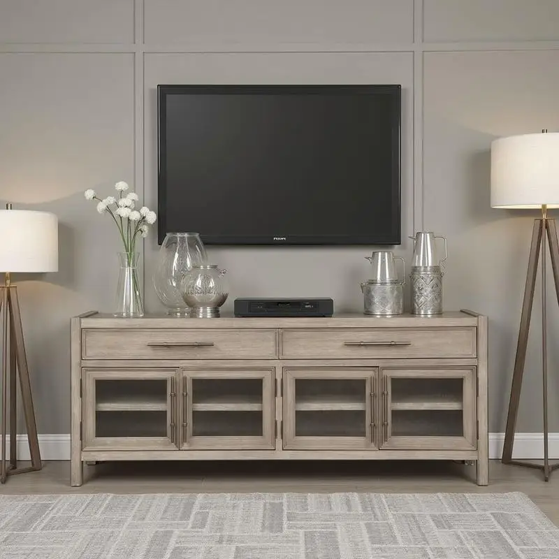 

65" TV Stand Console, Ready-to-Use, White Oak Finish, No Assembly Needed, Stylish Home Entertainment Furniture