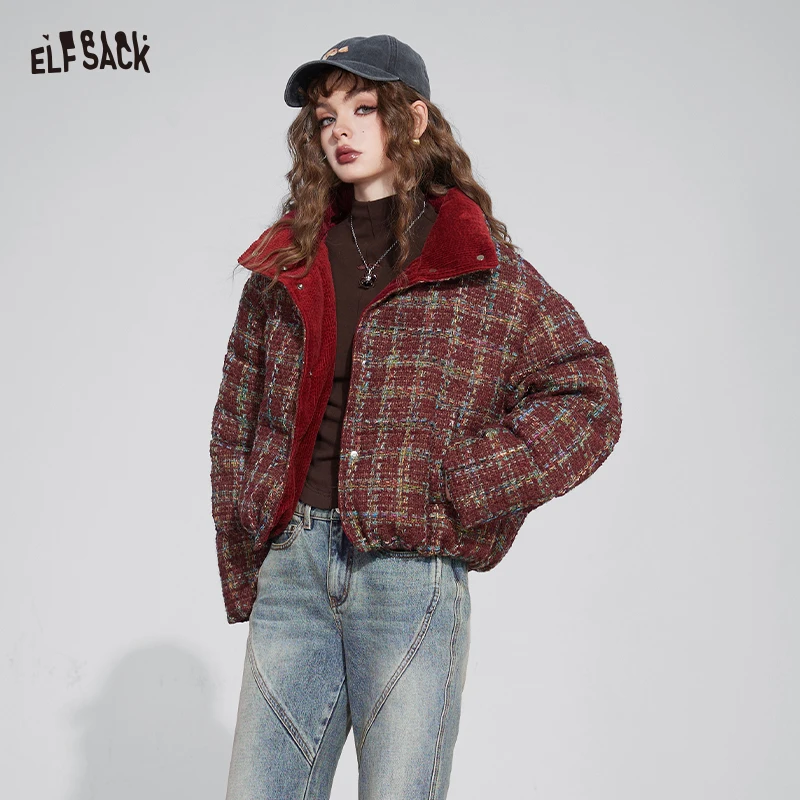 

ELFSACK Y2K Cute Plaid Stand Collar Short Puffy Down Coat For Women