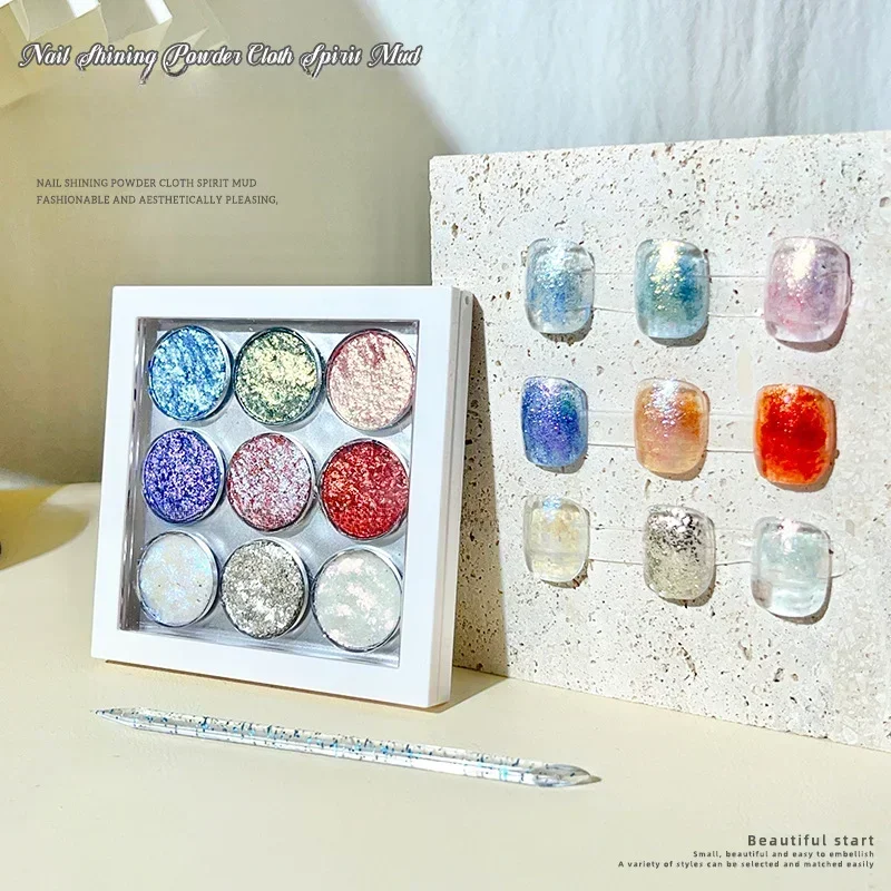 

9 Grids Bright Bling Mud Nail Solid Pigment Crystal Opal Rubbing Dust Aurora Chrome Glitter Paste Charm Japanese Manicure Flash