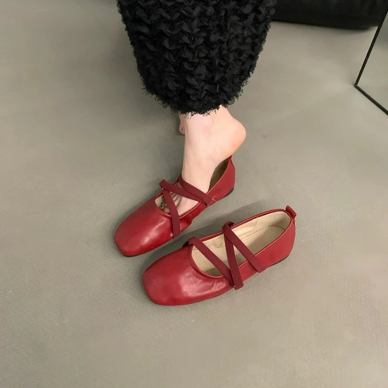 Women Square Toe Ballet Flats Size 35-43 Spring Premium Leather Double Buckle Design Comfortable Luxury Mary Jane Casual Shoes