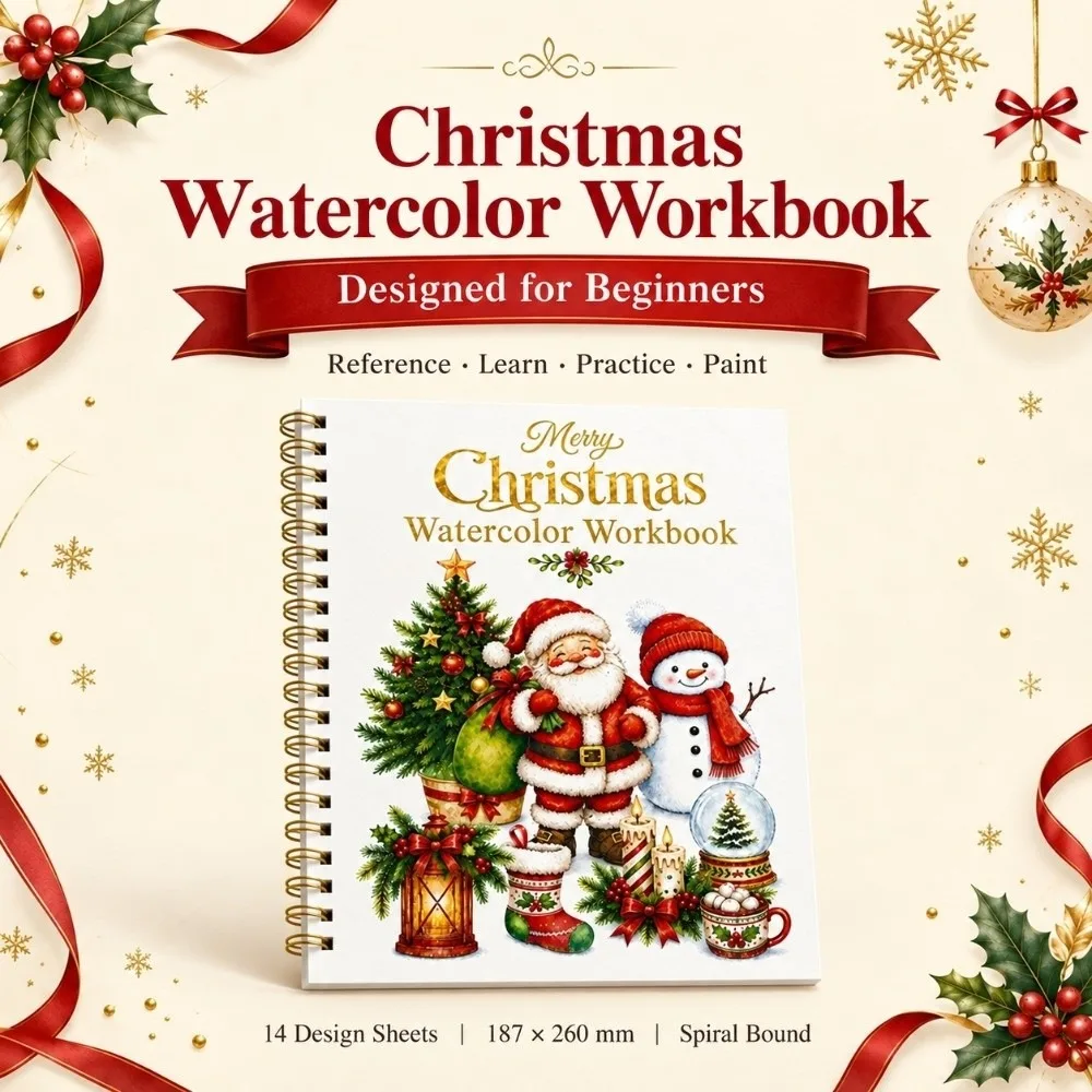 Christmas Themed Christmas Watercolor Workbook Gold Foil Cover with Line Drawing Watercolor Practice Book Spiral Bound