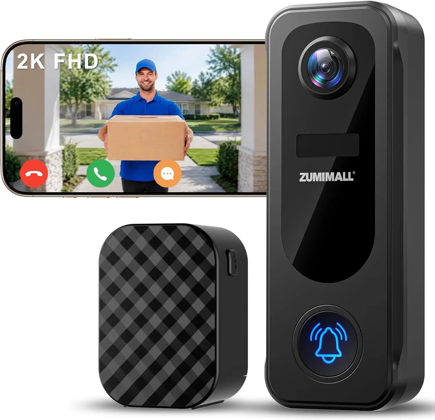 2K Wireless Doorbell Camera No Subscription, Battery Powered