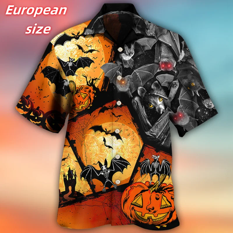 

Dog Bat Spider Pattern Hawaiian Shirt For Men Skull Halloween 3D Printed Blouse Summer Short Sleeve Lapel Tops Aloha Shirts