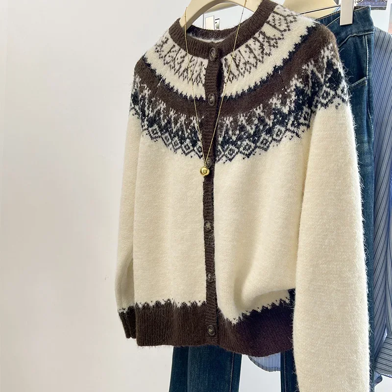 

French Vintage Fair Isle Knitted Sweater Coat Women's Autumn Winter Nordic Lazy Style Design Sense Top Flower Pattern