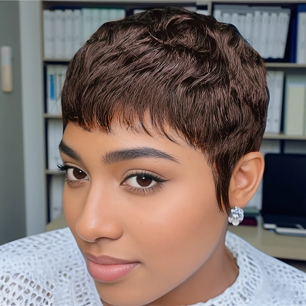 

Многослойные человеческие волосы машинного производства, короткий прямой парик с стрижкой пикси, коричневый, черный, бордовый цвет для женщин, парик для повседневного использования на вечеринке