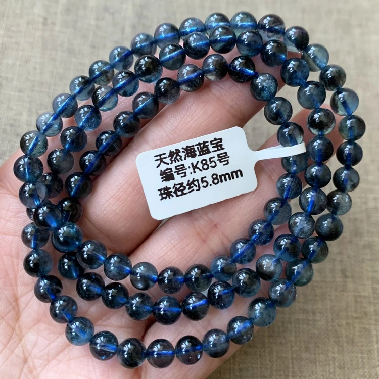 

Natural Deep Blue Aquamarine 3 Laps Clear Round Beads Bracelet 5.8mm Women Blue Aquamarine Brazil Stretch Jewelry AAAAAA