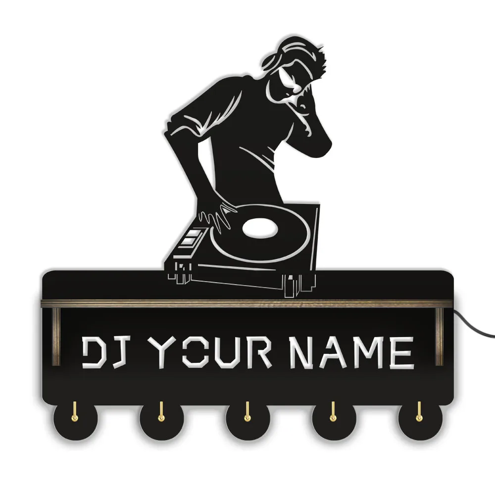 

Custom DJ Name Wooden Hanging Key Rack with Hooks For Man Cave Room Disc Jockey Personalized Name Clothes Coat Rack With Shelf