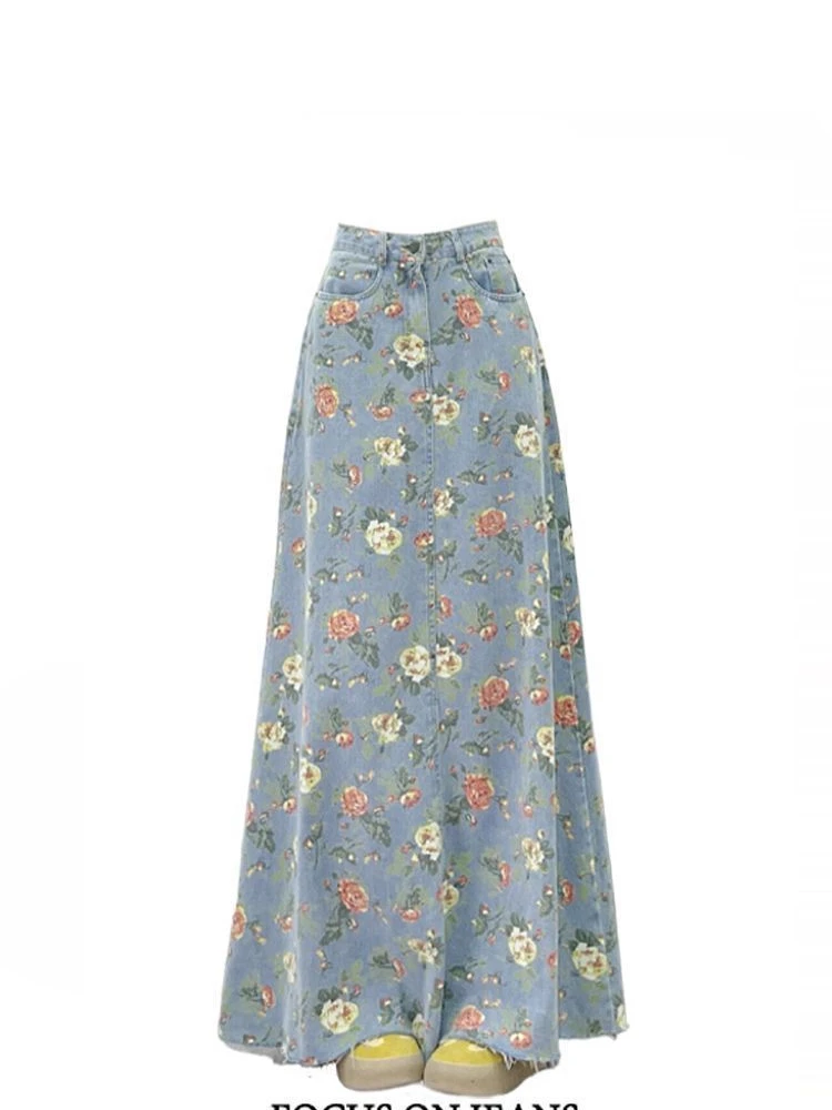 

Y2k Floral Blue Denim Skirt For Women Summer High Waist A-line Skirts 2025 New Mid-length Loose Faldas Mujer
