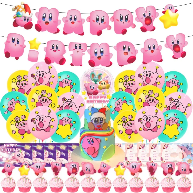 

New Cute Cartoon Kirby Party Decoration Products Flag Pulling Kirby Cake Badge Balloon Set Birthday Party Decoration Products