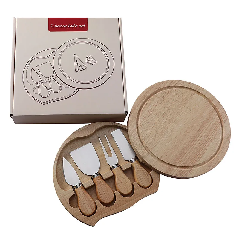 

Round rubber wooden box 4-piece cheese knife shovel stainless steel cheese tool tableware cheese knife set gift box