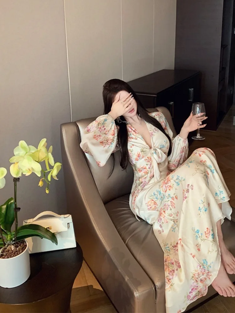 Spring Summer Floral Satin Long Sleeve V-Neck Dress Women Luxury Elegant Ruffled Mermaid Dress 2024 Korean Bodycon Evening Dress