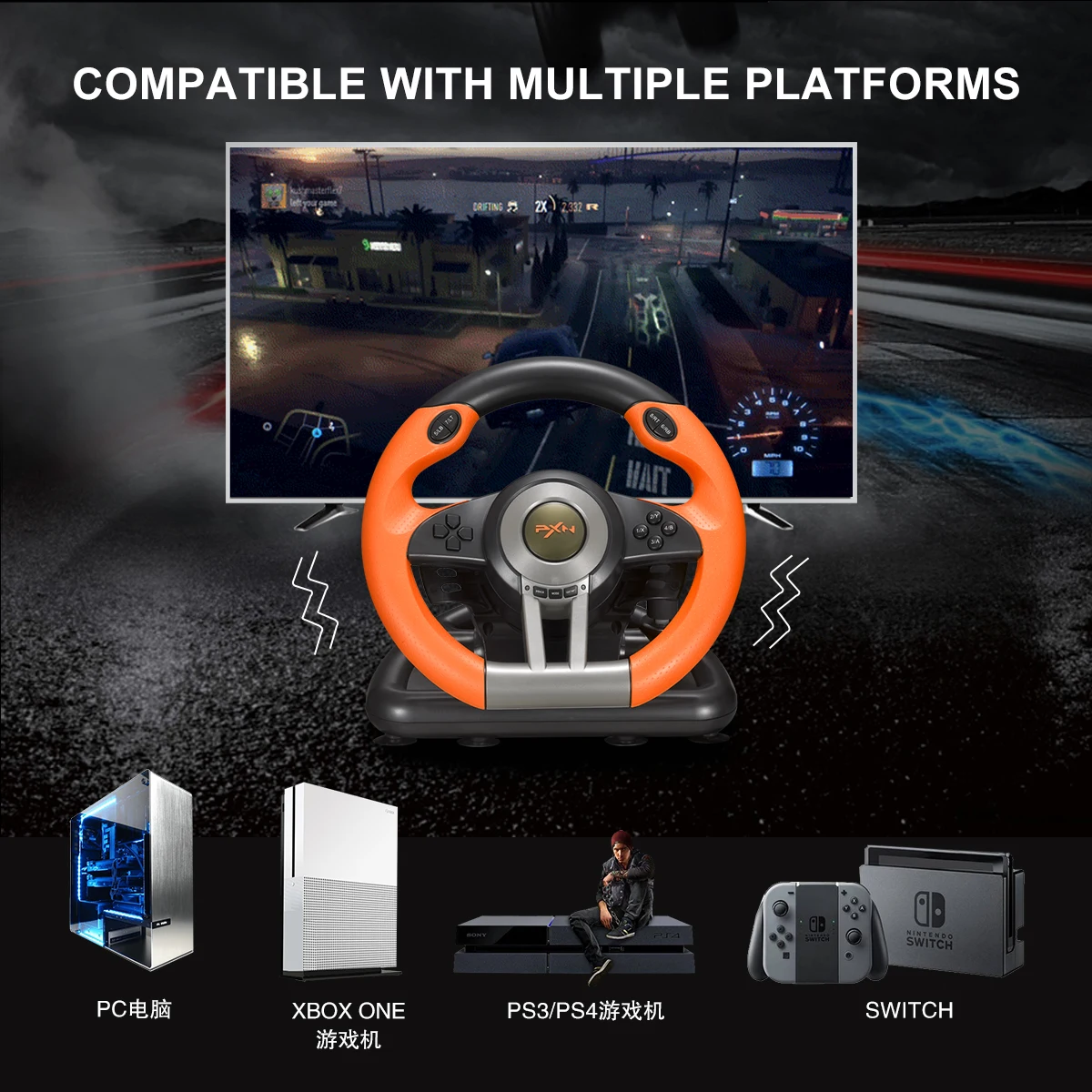 Volante da gioco Volante PC Racing Wheel 180 ° universale PXN V3 Pro con pedali per PC Window 7/8/10/11/PS3/PS4 /Switch/XBOX