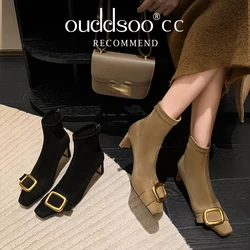 Ods Personalized Low-heeled Fashion Boots for Fall/winter New Pointed Metal Square Buckle Back Zipper Stretch Thin Ankle Boots42