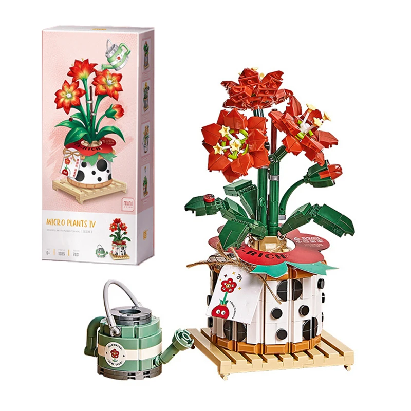 Bouquet Building Blocks DIY Red Flower Shower Kettle Plant Pot Small Pellet Assembly Ornament Children's Toy Gift for Friends