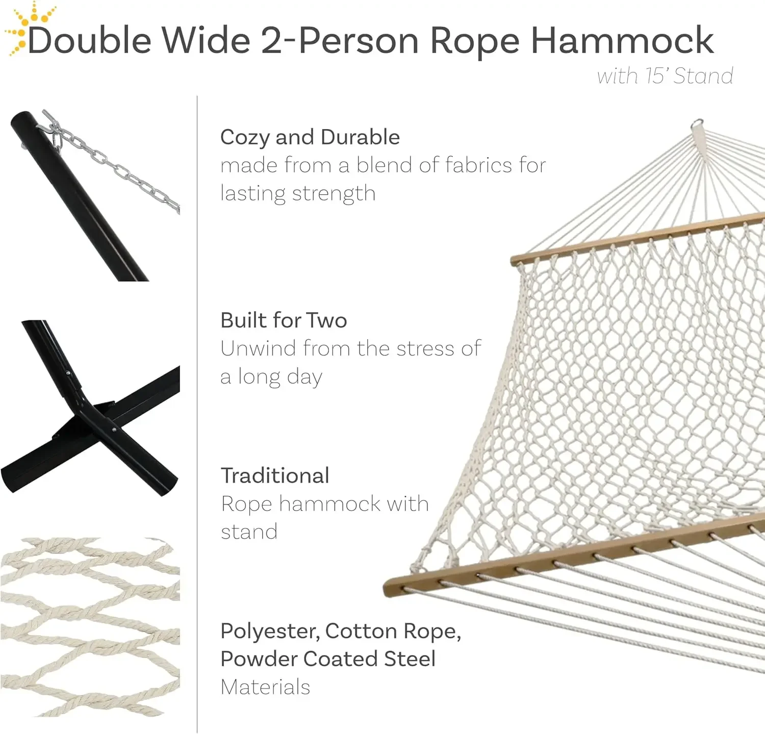 Double Cotton Rope Hammock & 400 lb Cap. Stand, Cream | 74