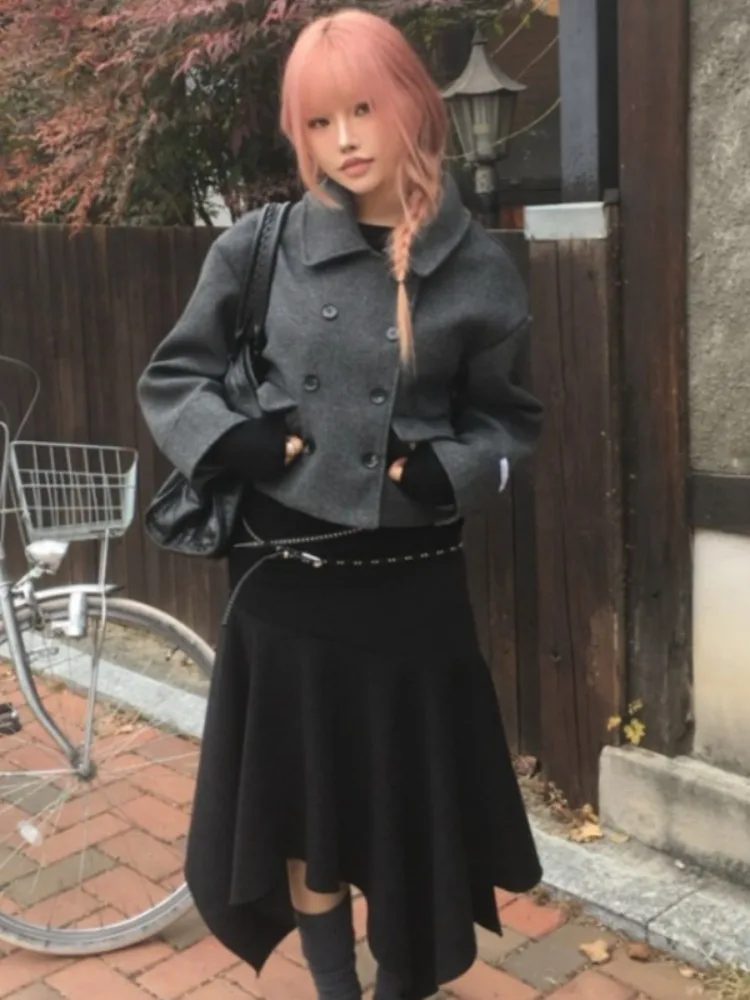 Korean Style Short Woolen Coat Women's Double Breasted Lapel Jacket Winter Fashion Grey Color Korean Design  Size