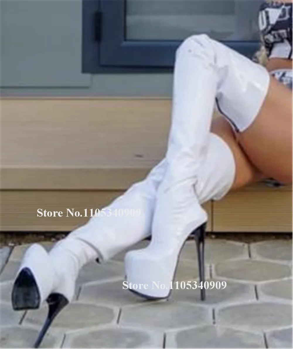 Bondarenko White Green Stiletto Heel Over Knee Boots Round Toe High Platform Black Thin Heel Thigh High Long Boots Dance Shoes